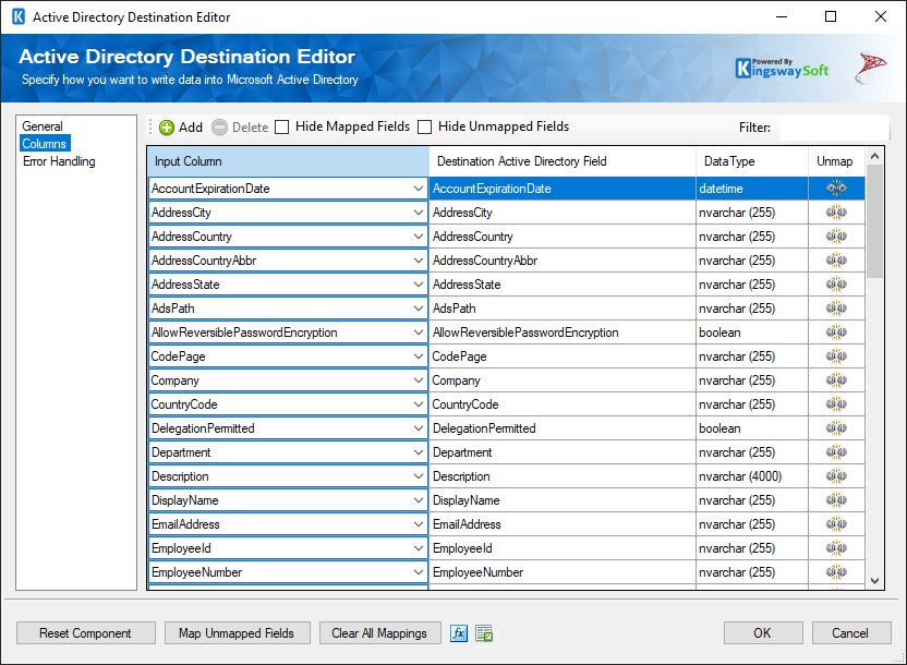 Active Directory Destination Editor